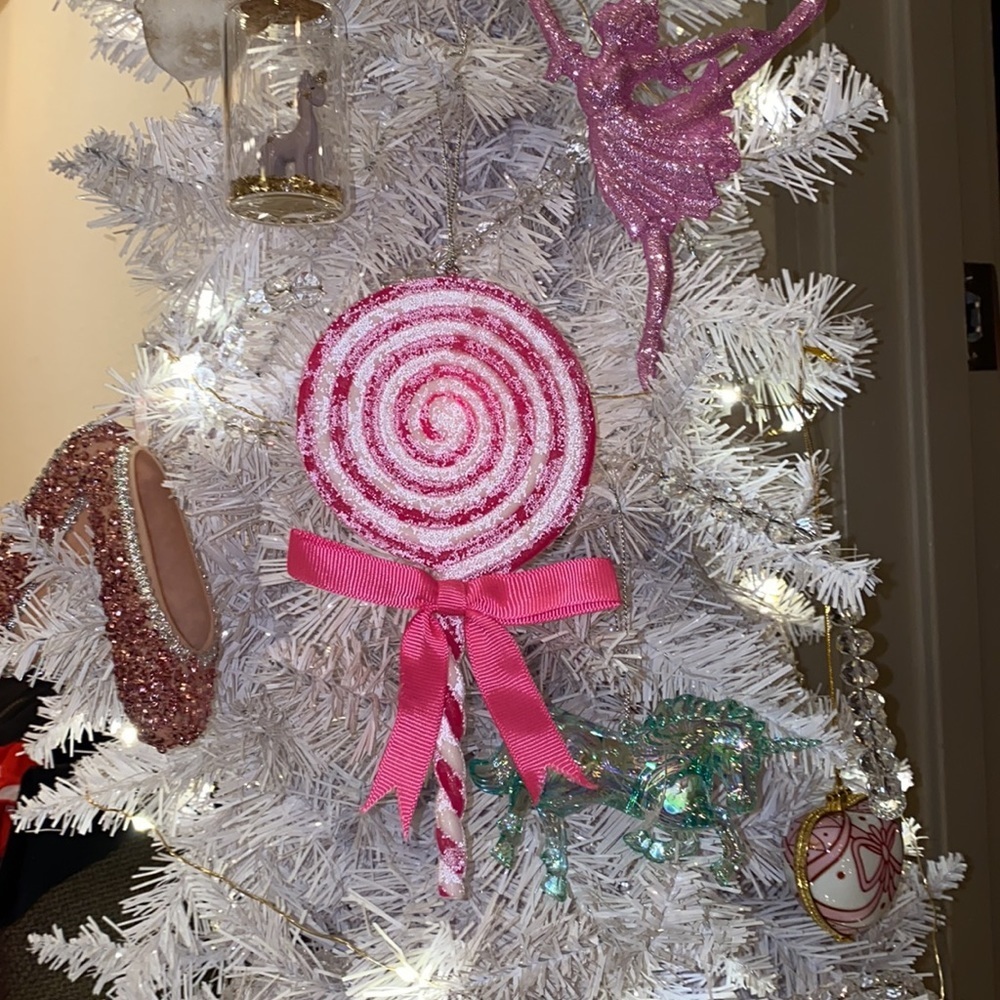 Pink & White swirl lollipop Holiday Christmas Tree ornament glitter & bow 7x3.5” - Picture 9 of 9